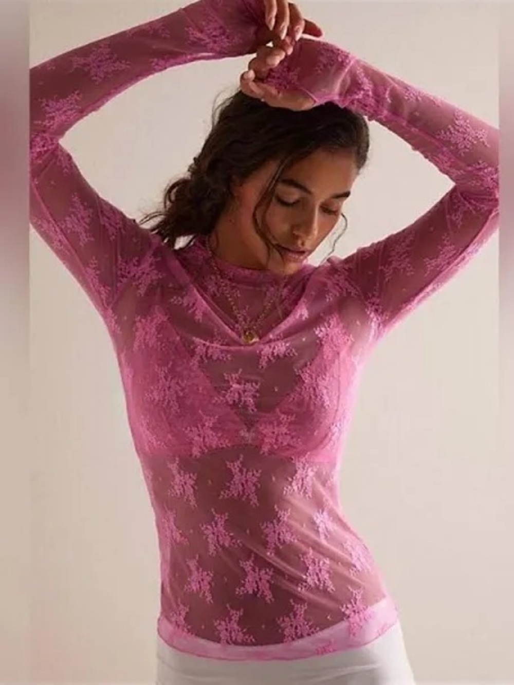 Free People Pink Lady Lux Lace Layering Long Sleeve Top